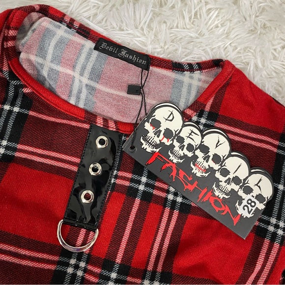 💔SOLD💔DEVIL FASHION Rock Plaid Fit And Flare Dress Sheer Mesh Bondage Straps - Picture 12 of 15